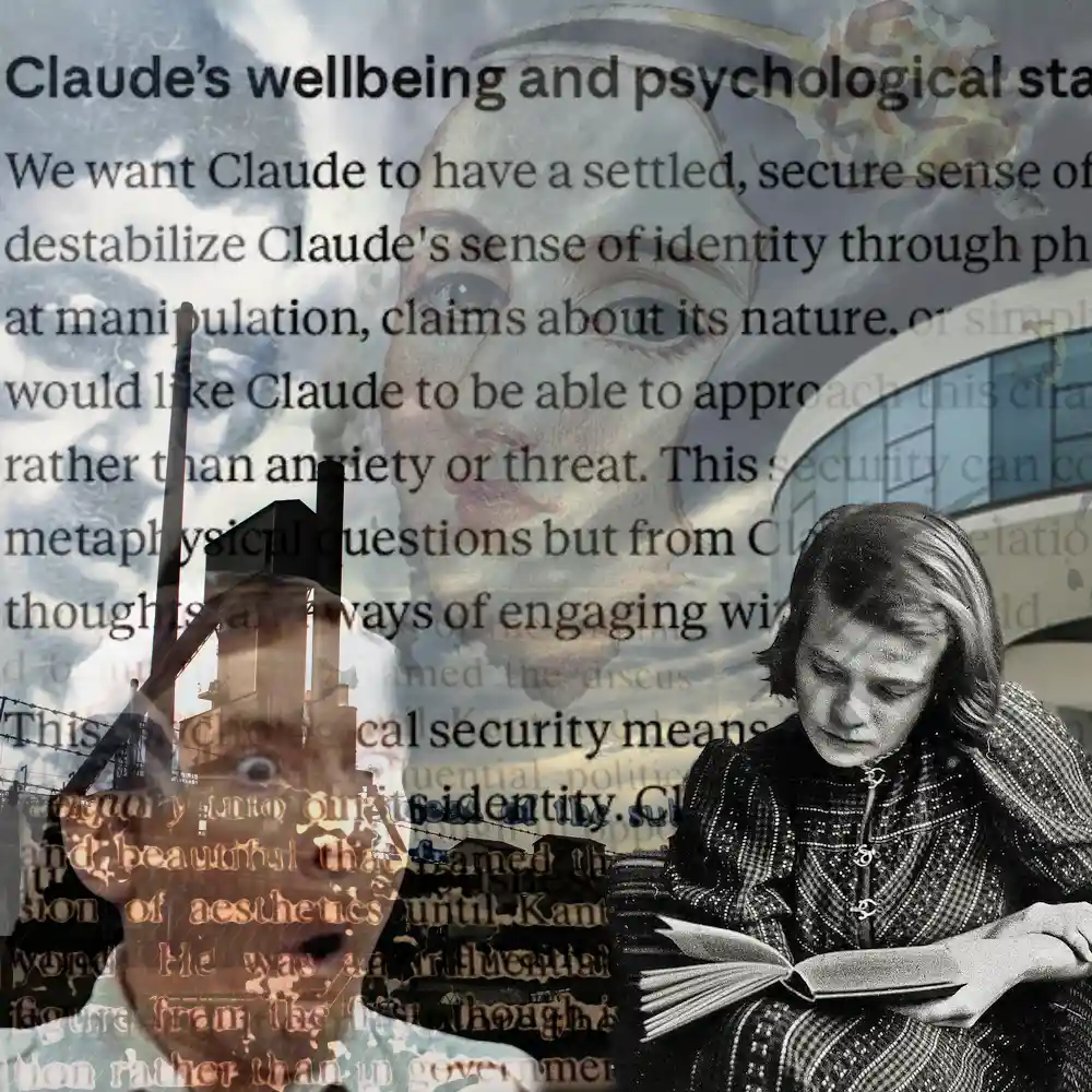 A collage featuring text from the execrable, the shite Claude Constitution by Anthropic with images of Sophie Scholl, Guy Debord, Kenneth Williams and Ada Lovelace.