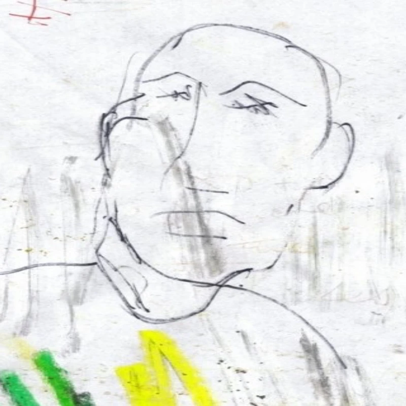 A sketch of an old friend. It's made with crayons on some waste paper that had been screwed up and thrown away.