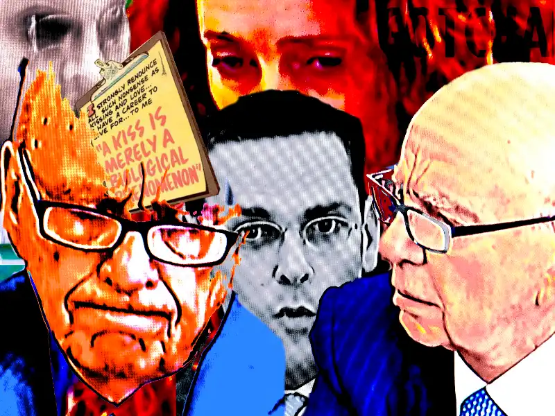 A composite image made from stills I took from the TV during the 2011 House of Commons Culture Committee hearings about the phone-hacking scandal. It features Rupert and James Murdoch, and Rebekah Brooks. There is also a cartoon image of text saying, "I strongly renounce such nonsense as kissing and love... I have a career to live for... to me "A KISS IS MERELY A BIOLOGICAL PHENOMENON". It is taken from Career Girl Romances comic (1966) #49.