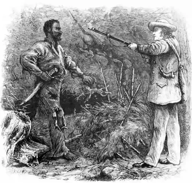 Nat Turner attacked by a white man with a gun. A wood engraving of the 1831 slave rebellion.