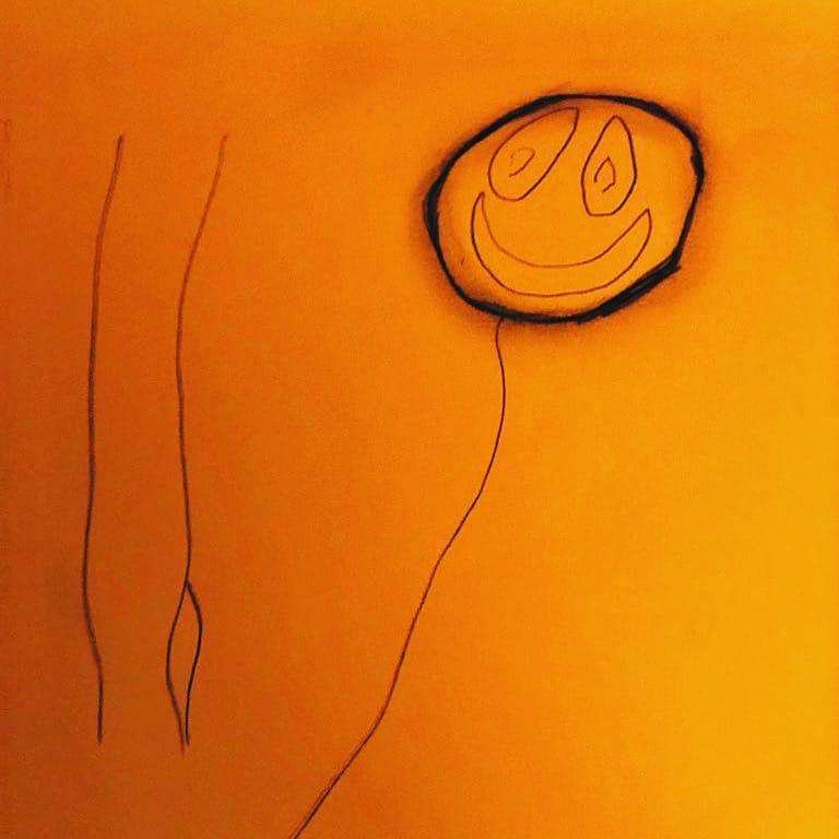 A very confused looking balloon on an orange background. Hand drawn by Tim