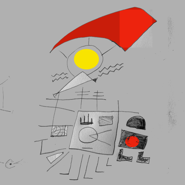 Variant 01 - two figures walking in the sunshine. Rough geometrics with a very human, rough, feel.