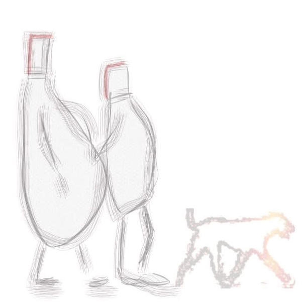 A hand made image of two line-drawn figures with their dog. They are all happy.